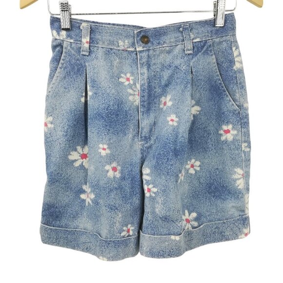 Vintage 80s Floral Acid Wash Pleated High Waist Jean Shorts Size 10 Vivaldi Mom - Picture 1 of 9